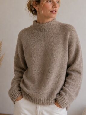 Alpaca Blend Mock Neck Sweater Beige Taupe Size L Soft Fuzzy Overs